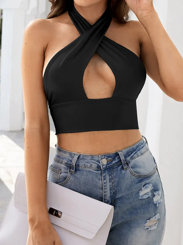 Women's Sexy Halter Criss Cross Sleeveless Cut Out Wrap Y2K Basic Cropped Camis sold by Tinstree