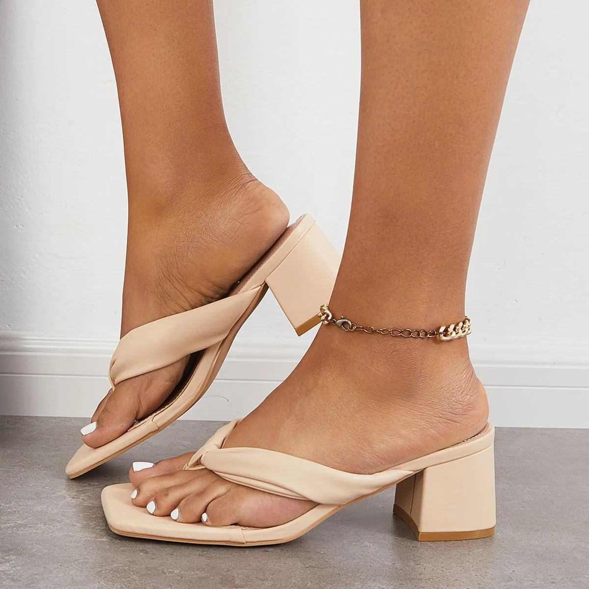 Square Toe Block Heel Flip Flops Sanldas Slip on Backless Mules sold by Tinstree product image thumbnail 2