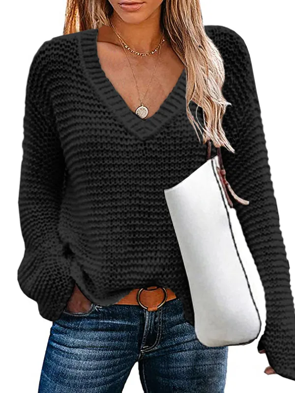 Women Deep V Neck Long Sleeve Cable Knit Sweater Loose Jumper Tunic Pullover Tops sold by Tinstree
