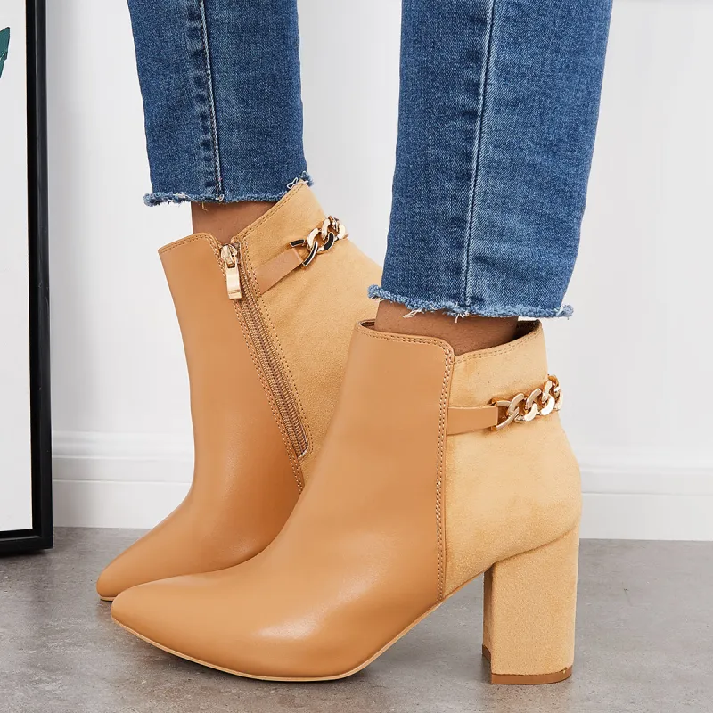 Splicing Chunky Heel Booties Pointed Toe Side Zip Ankle Boots sold by Tinstree
