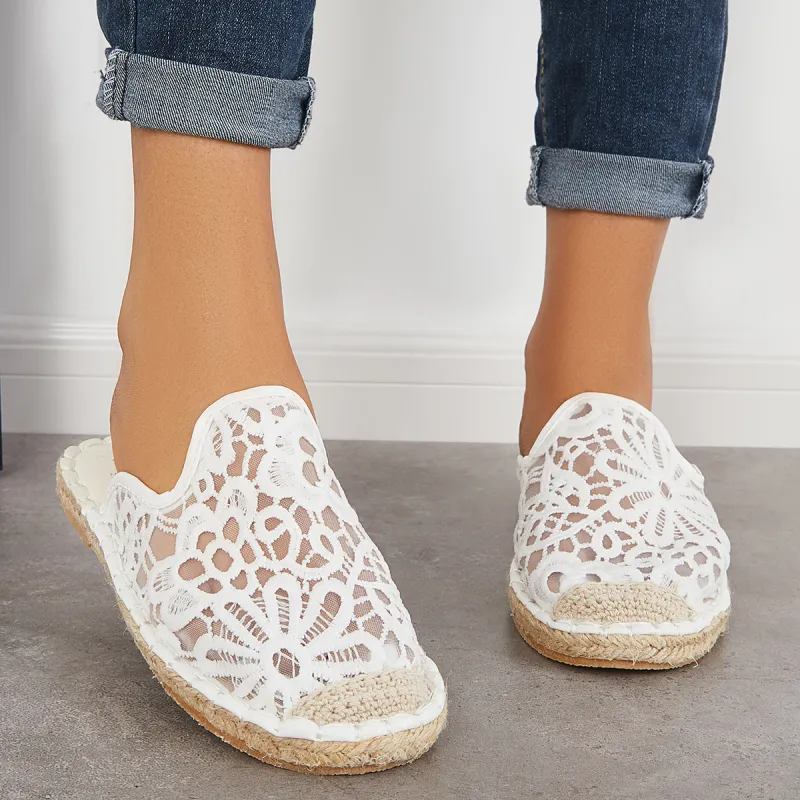 Crochet Lace Espadrille Flat Mules Slip on Sandals sold by Tinstree