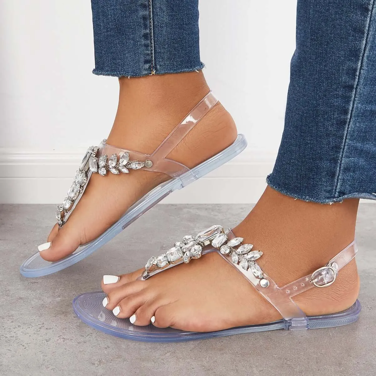 Crystal Decoration Flip Flops Transparent Flat Sandals sold by Tinstree