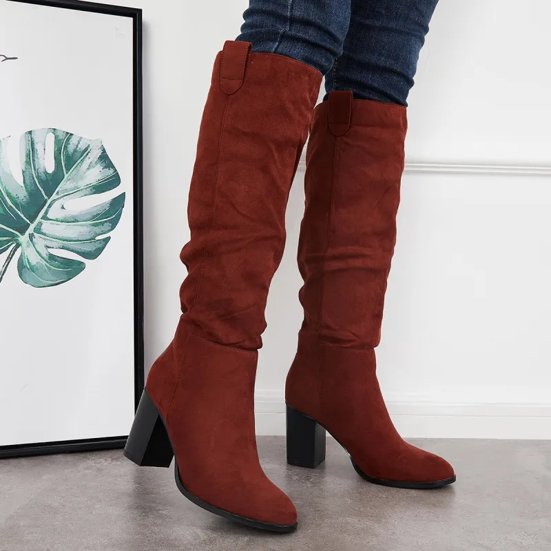 Pointed Toe Knee High Tall Boots Chunky Stacked Heel Riding Boots sold by Tinstree
