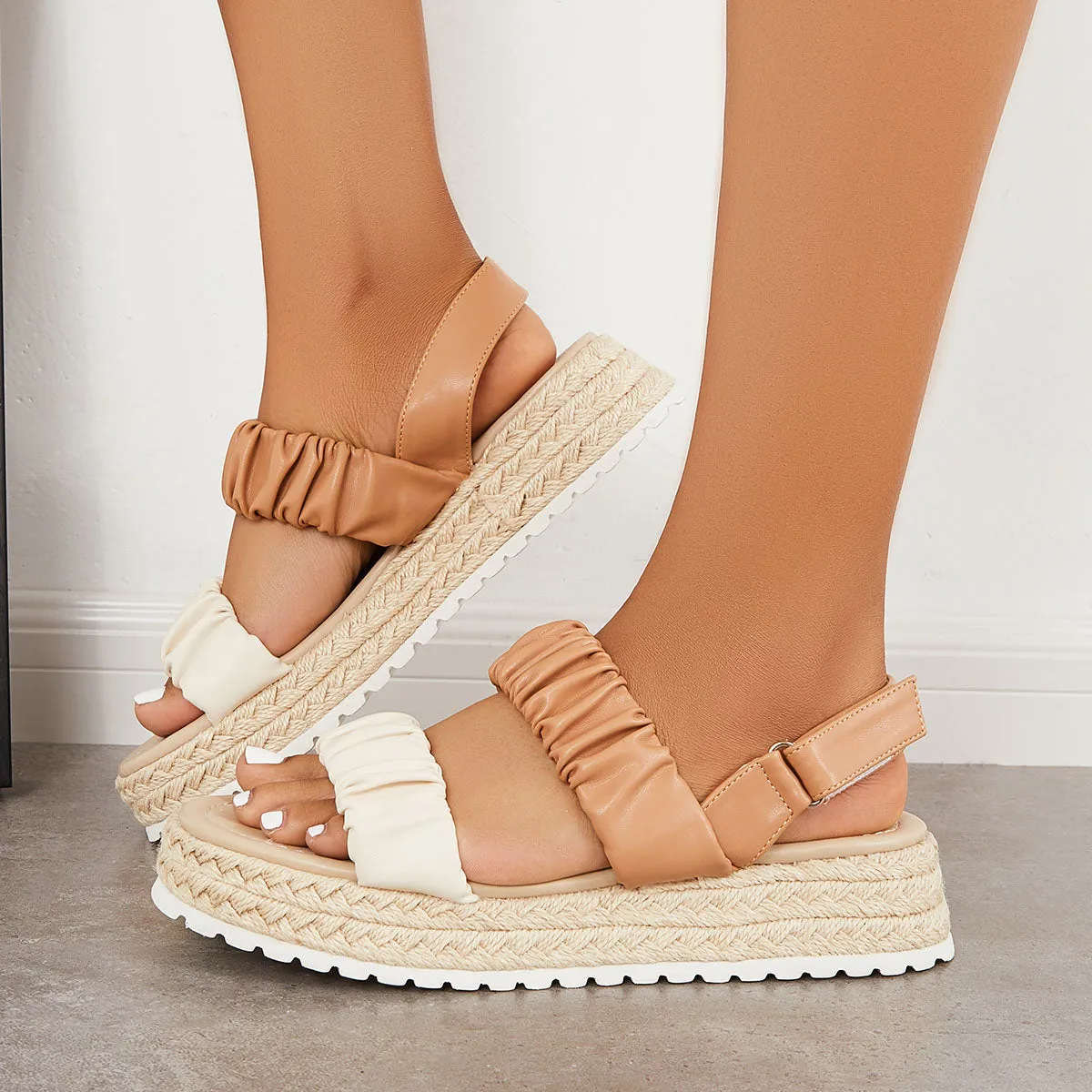 Ruched Espadrilles Platform Wedges Velcro Strap Slingback Sandals sold by Tinstree