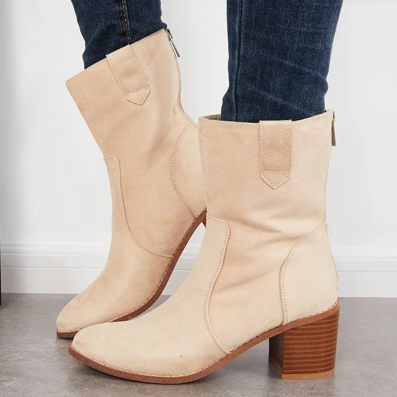 Wide Mid Calf Boots Stacked Chunky Heel Western Booties sold by Tinstree