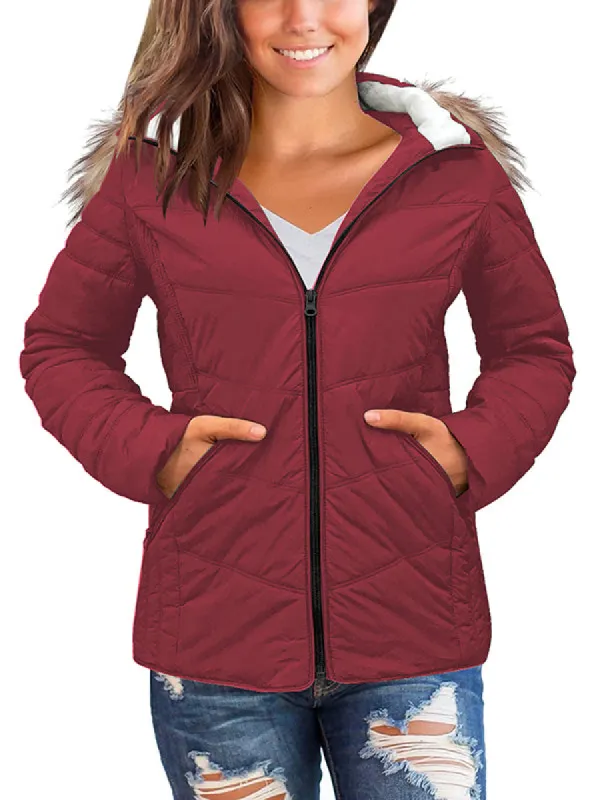 Women's Puffer Quilted Jacket With Pocket Faux Wool Hoodie Winter Outerwear Coats sold by Tinstree