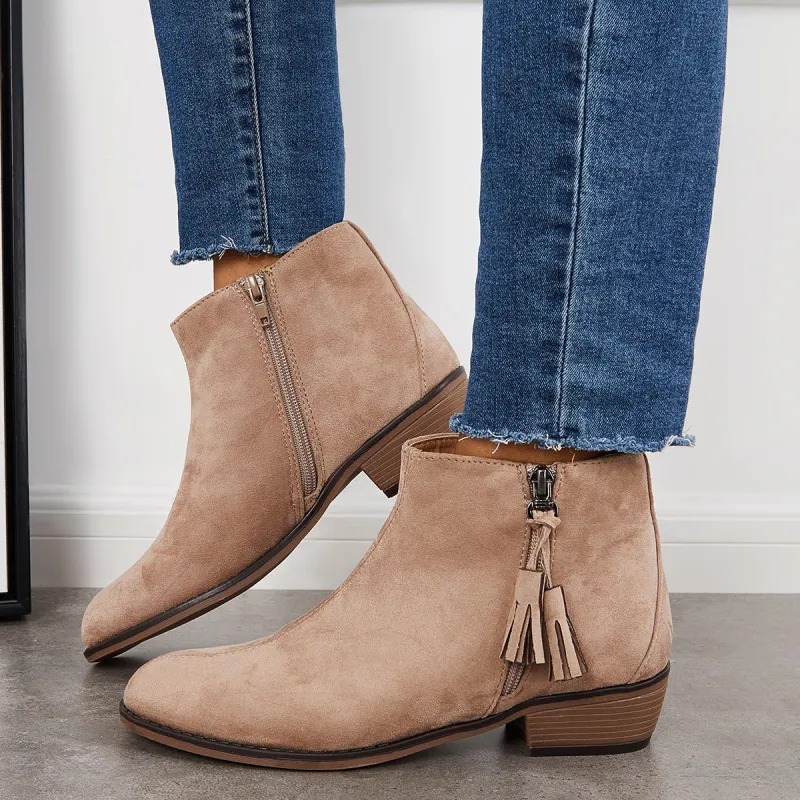 Women Block Low Heel Ankle Boots Zipper Up Short Booties sold by Tinstree