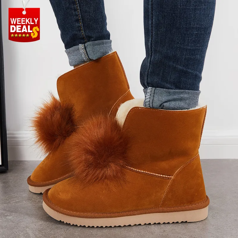 Women Suede Snow Boots Warm Faux Fur Pompom Winter Booties sold by Tinstree
