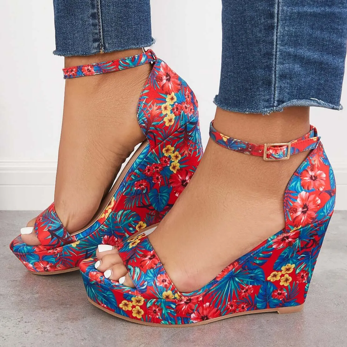 Printed Floral Style Platform Wedges Ankle Strap Sandals sold by Tinstree