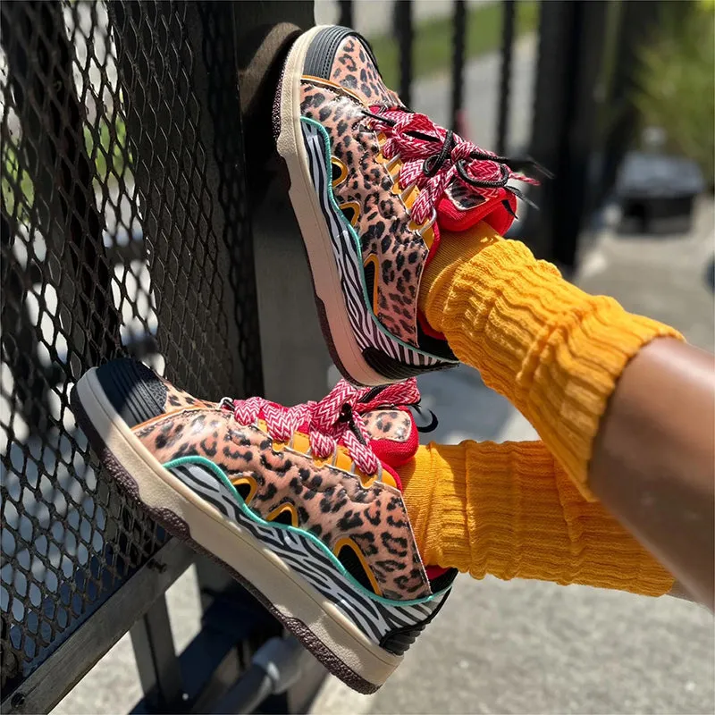 Leopard Lace Up Chunky Sneakers Non Slip Sport Walking Shoes