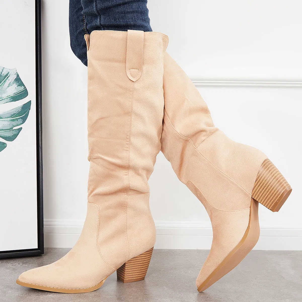 Women Knee High Boots Chunky Block Heel Western Riding Boots sold by Tinstree