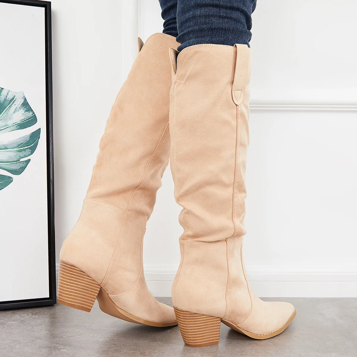 Women Knee High Boots Chunky Block Heel Western Riding Boots sold by Tinstree product image thumbnail 5