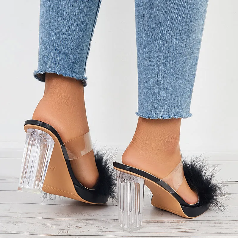 Furry Clear Platform Chunky Heels Open Toe Slide Sandals sold by Tinstree product image thumbnail 5