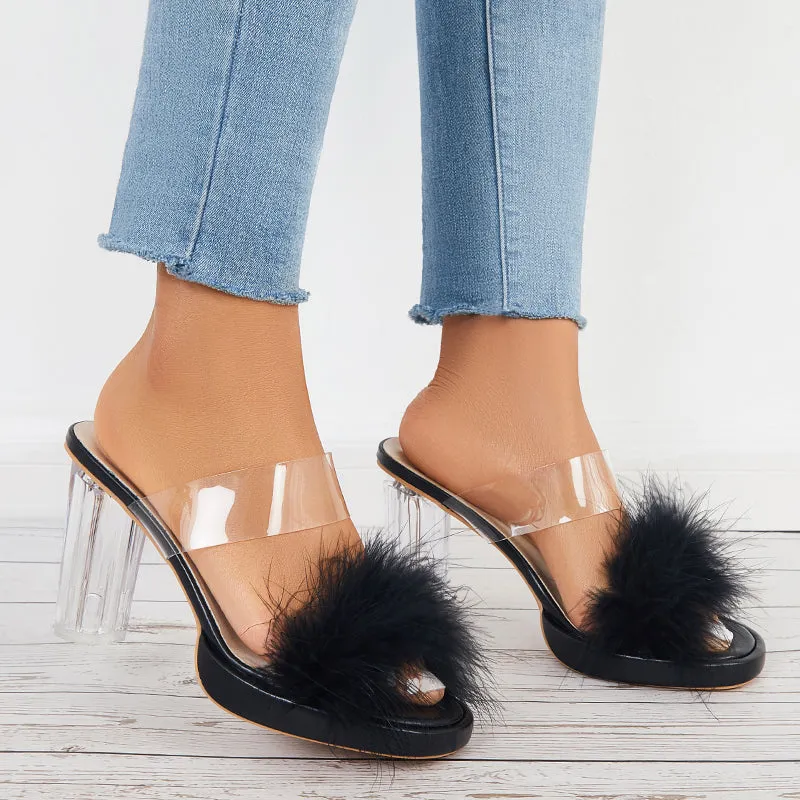 Furry Clear Platform Chunky Heels Open Toe Slide Sandals sold by Tinstree product image thumbnail 2