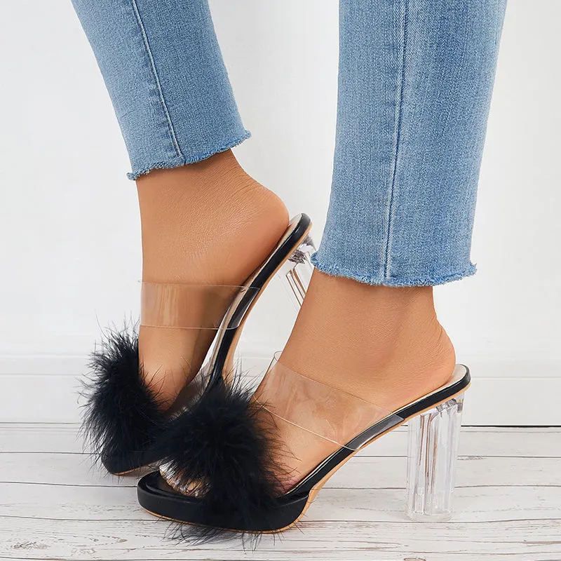 Furry Clear Platform Chunky Heels Open Toe Slide Sandals sold by Tinstree