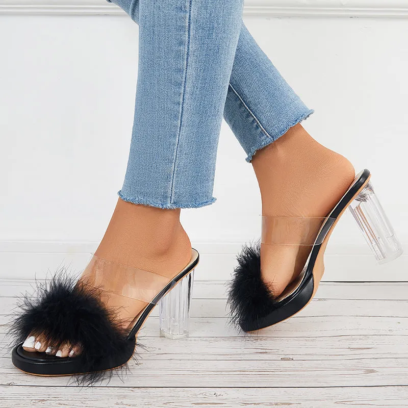 Furry Clear Platform Chunky Heels Open Toe Slide Sandals sold by Tinstree product image thumbnail 3