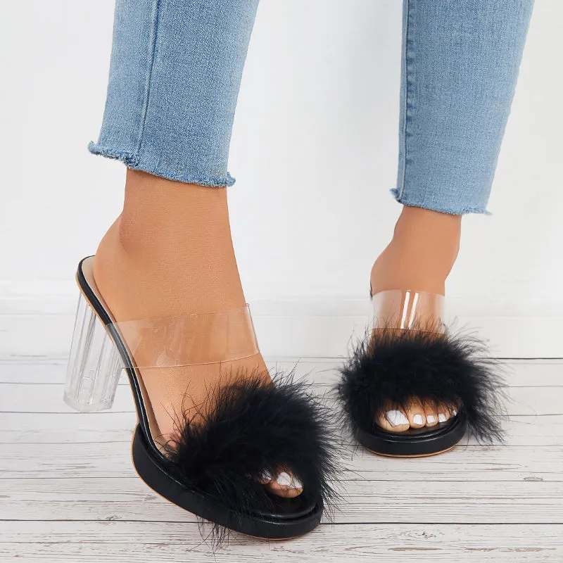 Furry Clear Platform Chunky Heels Open Toe Slide Sandals sold by Tinstree product image thumbnail 4