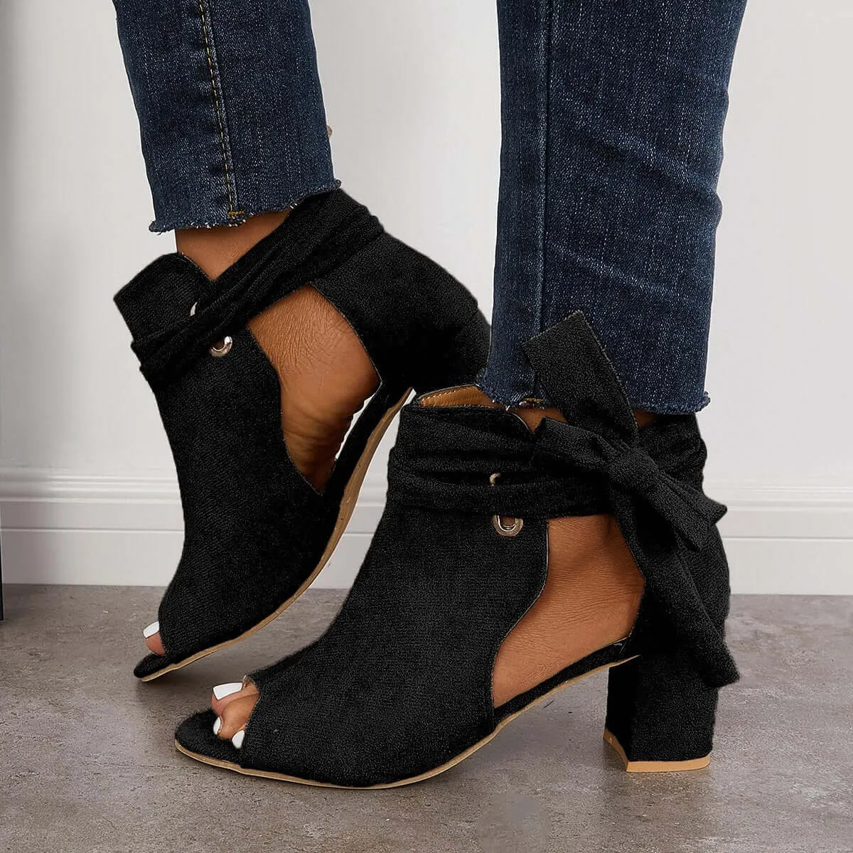 Hollow Chunky High Heels Lace Up Bowknot Ankle Strap Sandals sold by Tinstree product image thumbnail 2