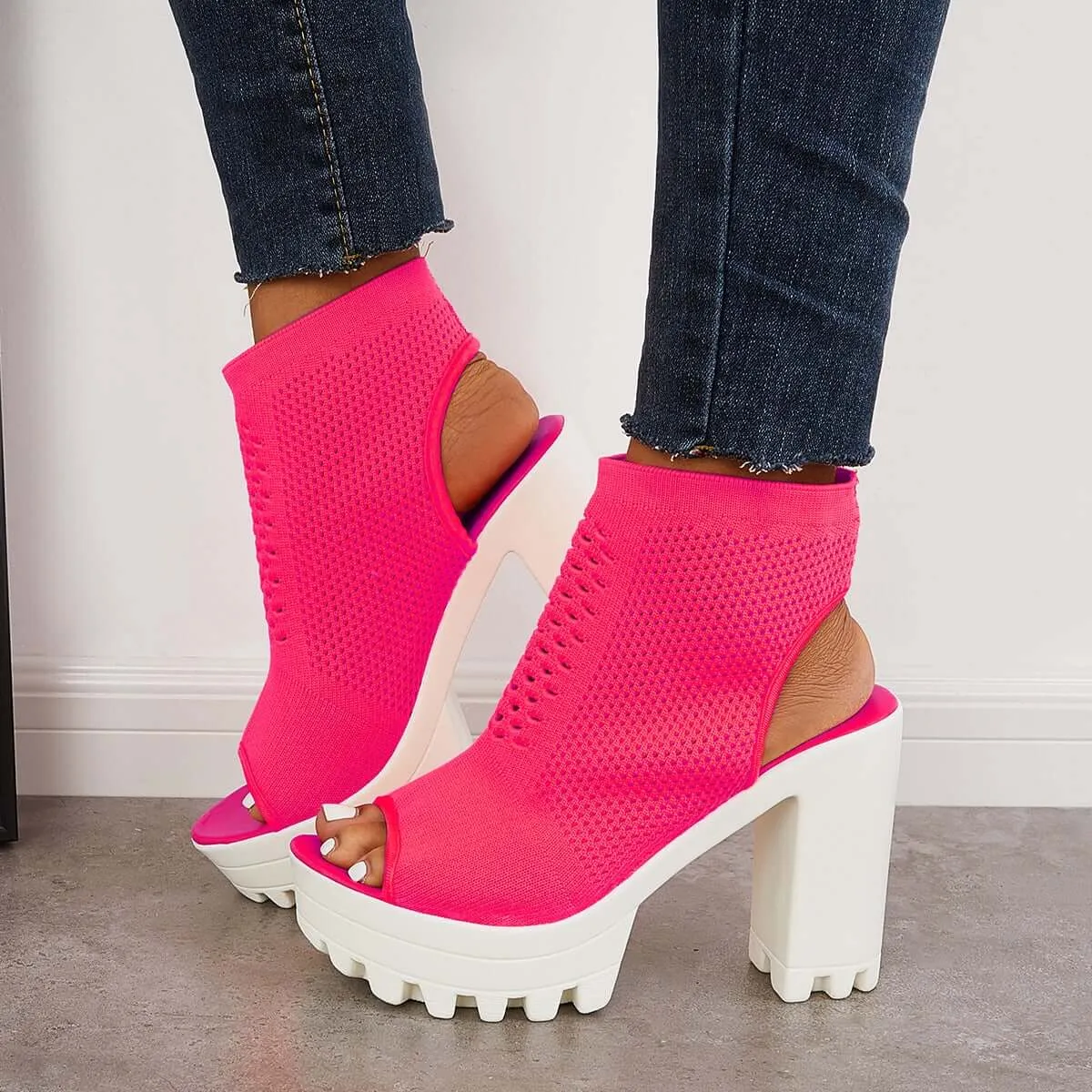 Mesh Peep Toe Platform Chunky High Heels Slingback Sandals sold by Tinstree