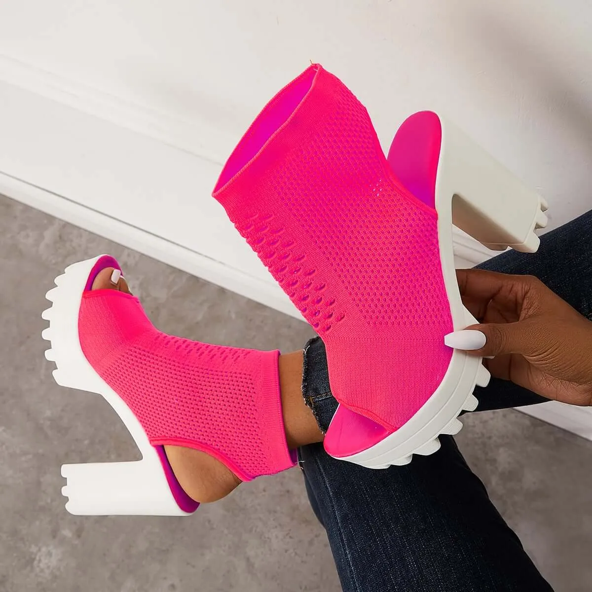 Mesh Peep Toe Platform Chunky High Heels Slingback Sandals sold by Tinstree product image thumbnail 4