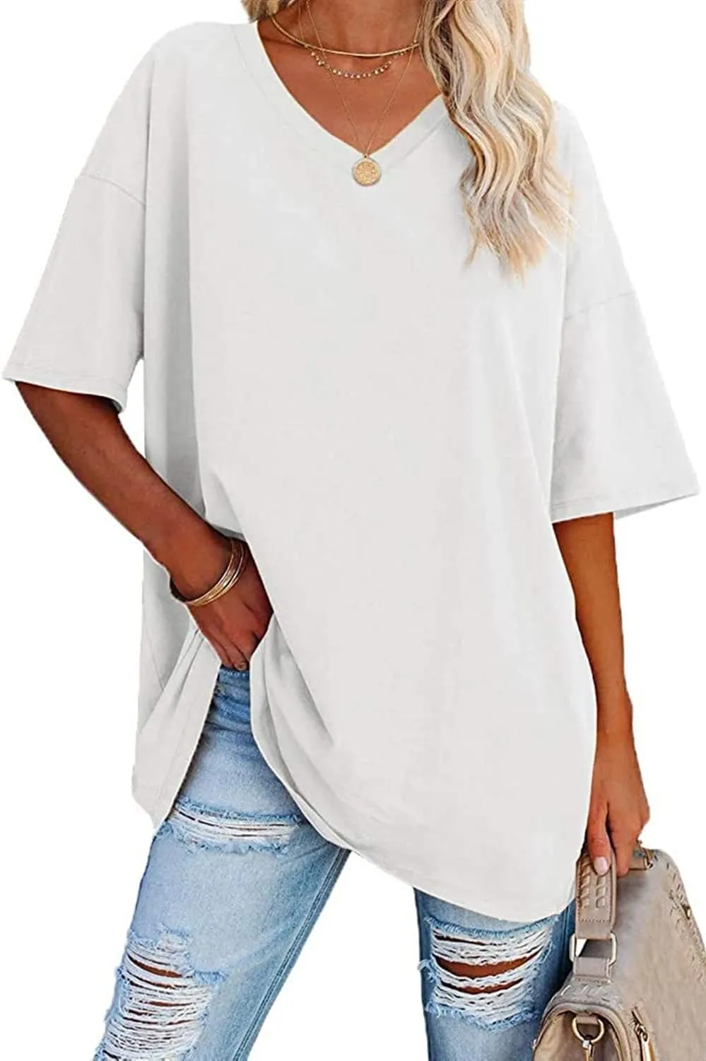 Ebifin women's oversized T-shirt with V-neck short sleeve casual loose basic summer tee shirts blouse sold by Tinstree