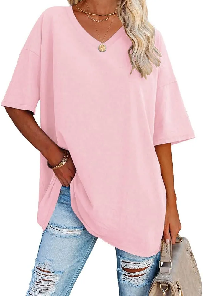 Ebifin women's oversized T-shirt with V-neck short sleeve casual loose basic summer tee shirts blouse sold by Tinstree product image thumbnail 3