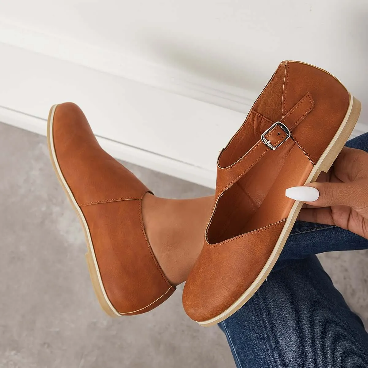 Closed Round Toe Cutout Dressy Flats T-Strap Flat Sandals sold by Tinstree product image thumbnail 4