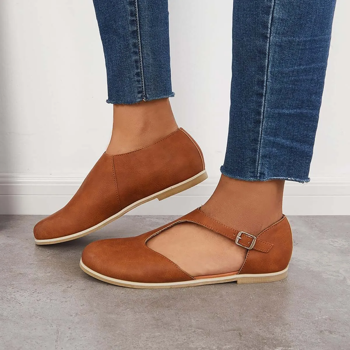 Closed Round Toe Cutout Dressy Flats T-Strap Flat Sandals sold by Tinstree