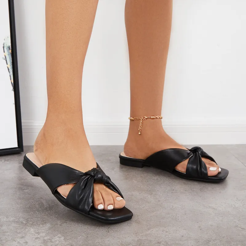 Square Toe Slide Sandals Bow Cross Flat Slippers sold by Tinstree