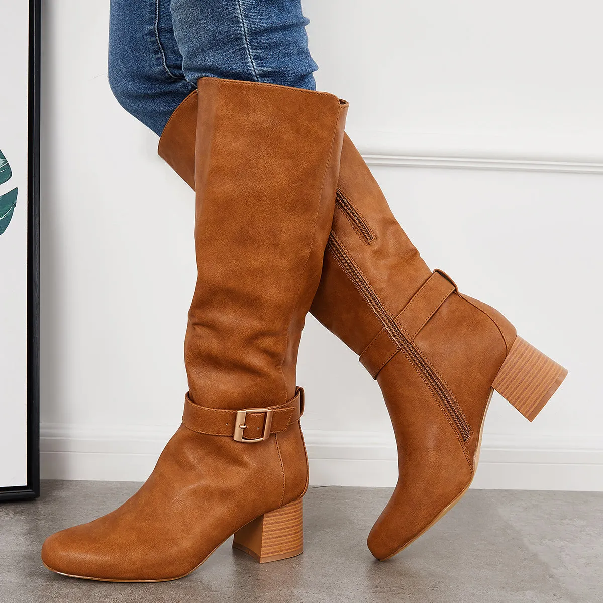 Buckle Knee High Riding Boots Chunky Block Heel Wide Calf Boots sold by Tinstree