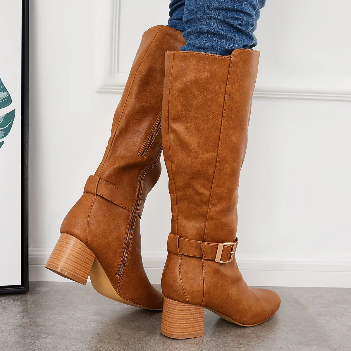 Buckle Knee High Riding Boots Chunky Block Heel Wide Calf Boots sold by Tinstree product image thumbnail 5