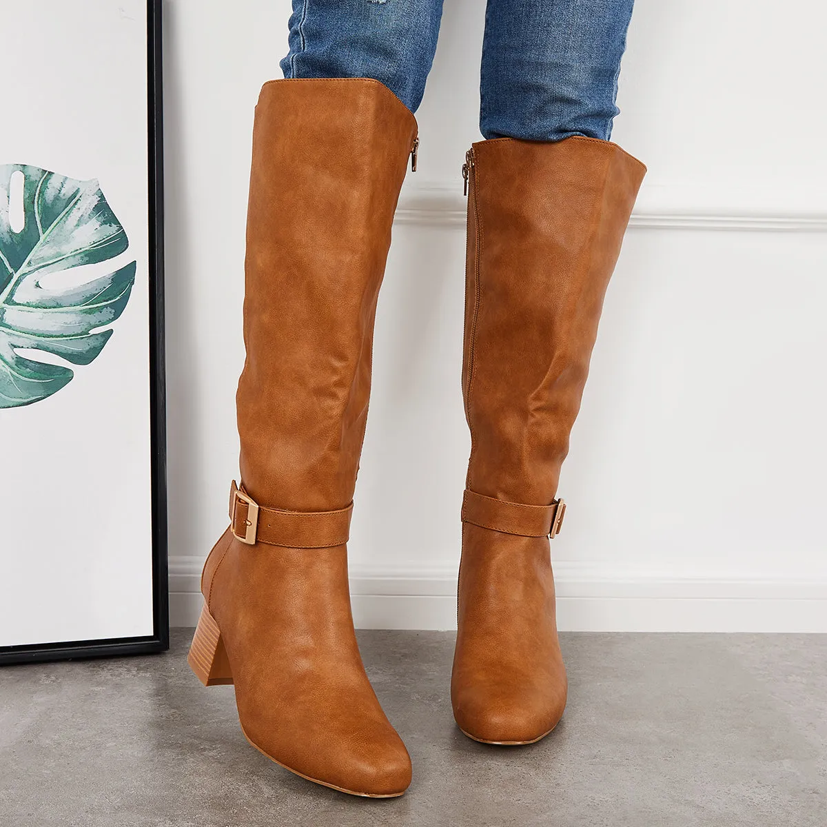 Buckle Knee High Riding Boots Chunky Block Heel Wide Calf Boots sold by Tinstree product image thumbnail 4