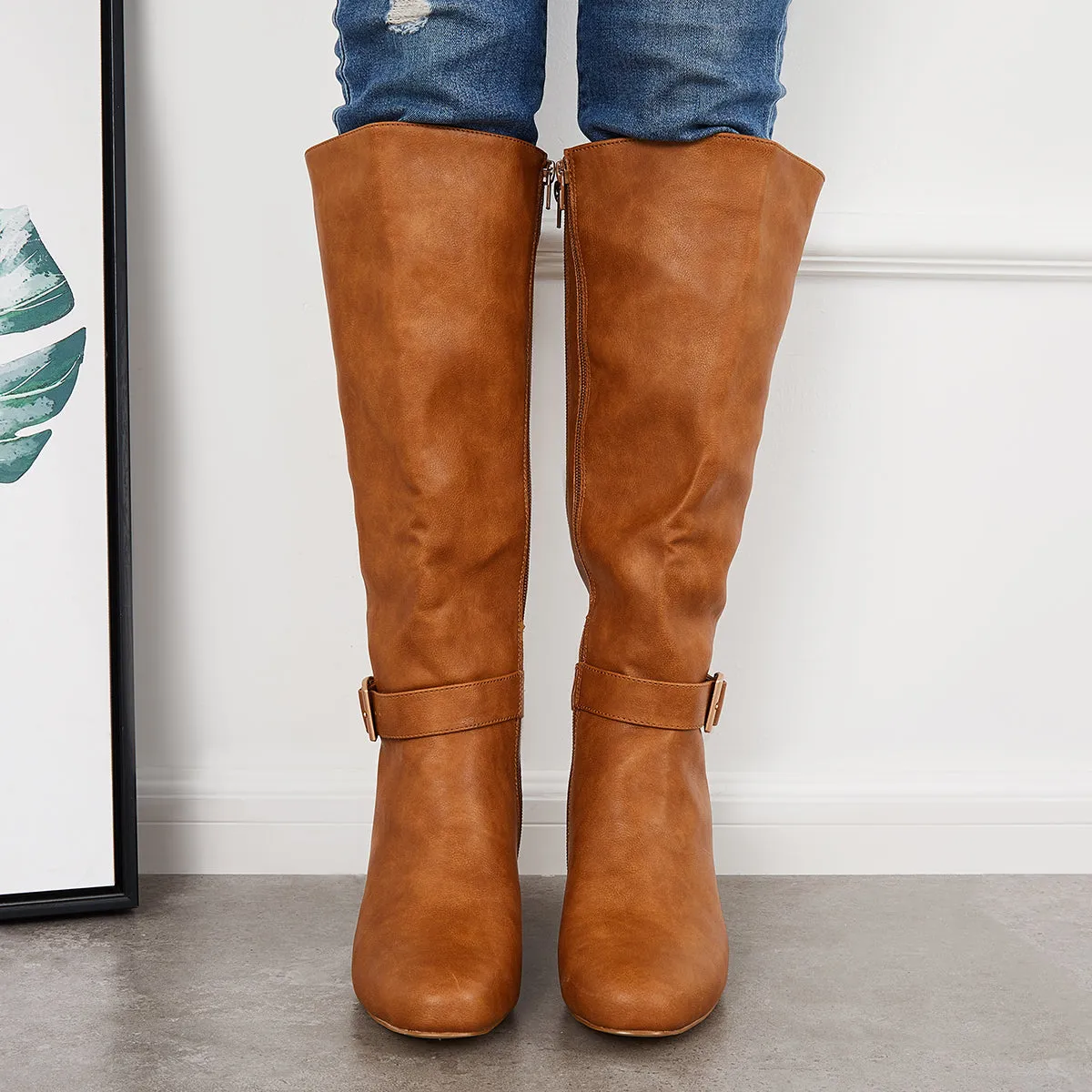 Buckle Knee High Riding Boots Chunky Block Heel Wide Calf Boots sold by Tinstree product image thumbnail 3