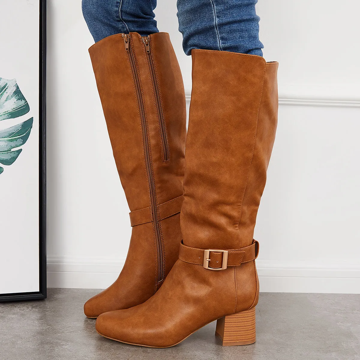 Buckle Knee High Riding Boots Chunky Block Heel Wide Calf Boots sold by Tinstree product image thumbnail 2