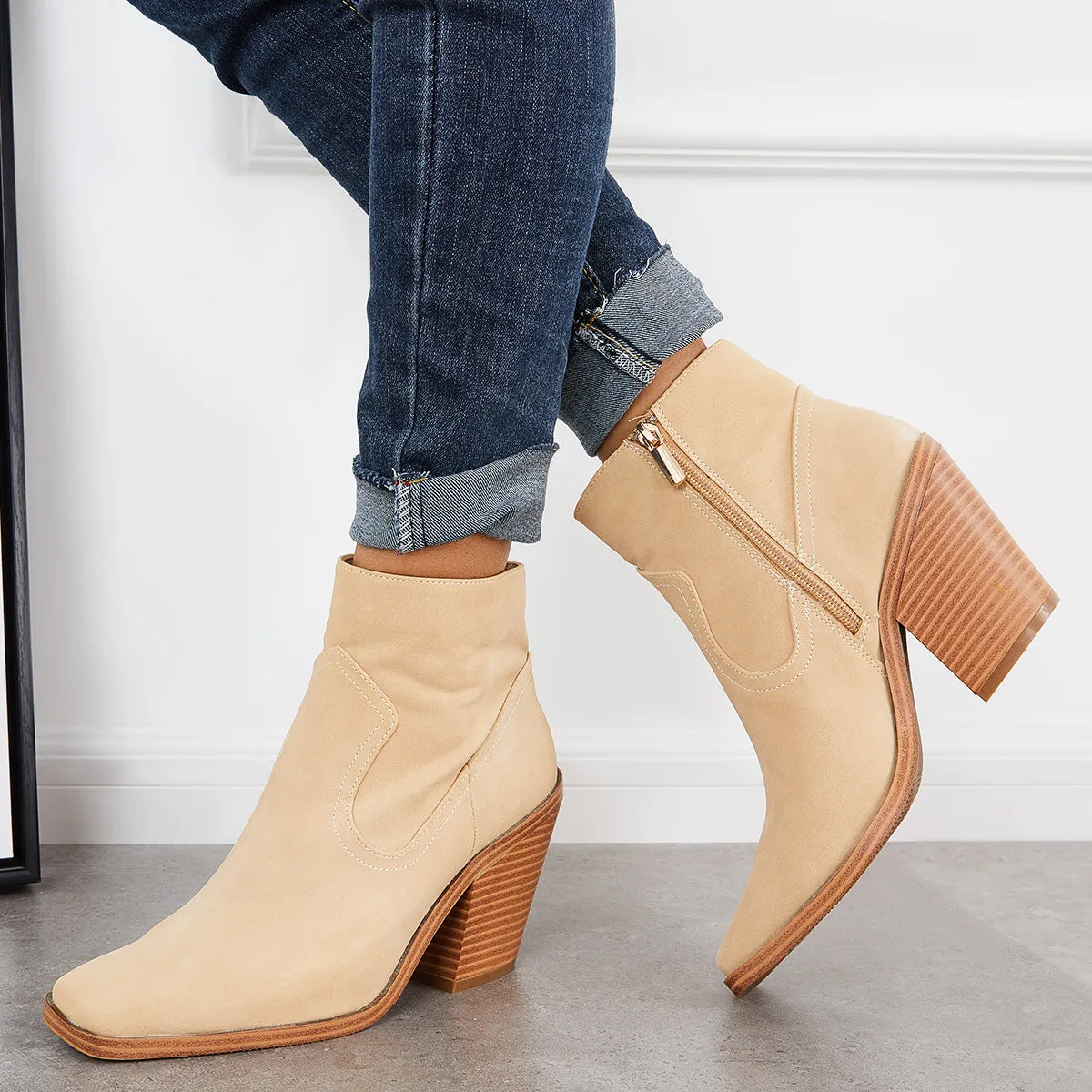 Square Toe Ankle Boots Chunky Stacked Heel Western Cowboy Booties sold by Tinstree product image thumbnail 2
