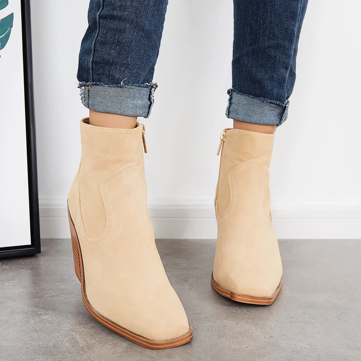 Square Toe Ankle Boots Chunky Stacked Heel Western Cowboy Booties sold by Tinstree product image thumbnail 3