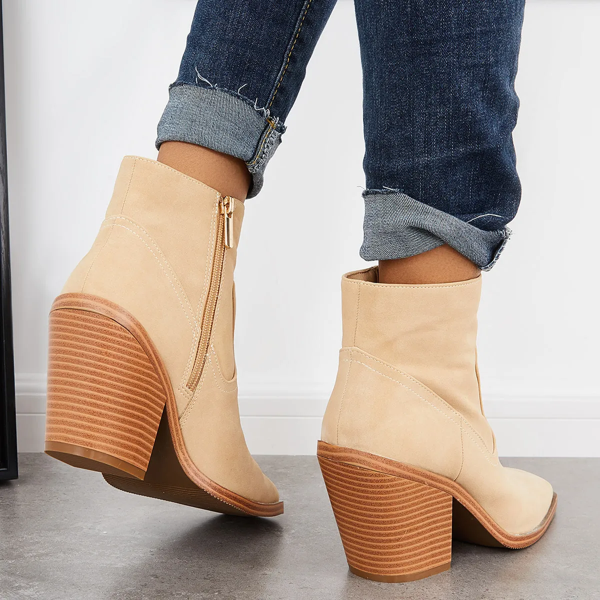 Square Toe Ankle Boots Chunky Stacked Heel Western Cowboy Booties sold by Tinstree product image thumbnail 5