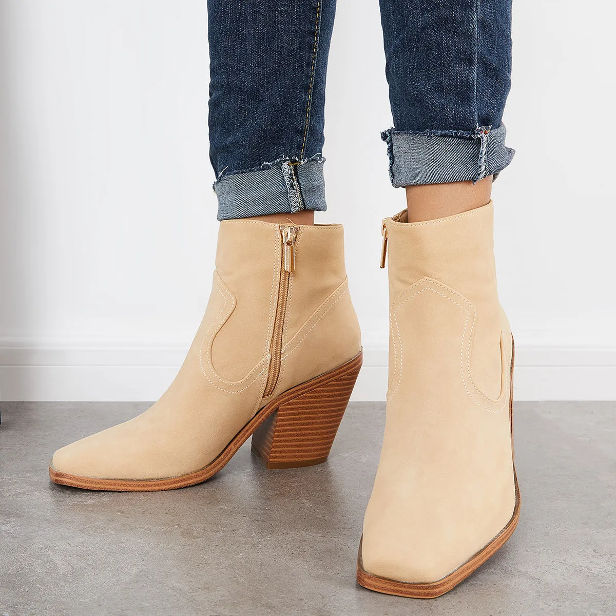 Square Toe Ankle Boots Chunky Stacked Heel Western Cowboy Booties sold by Tinstree