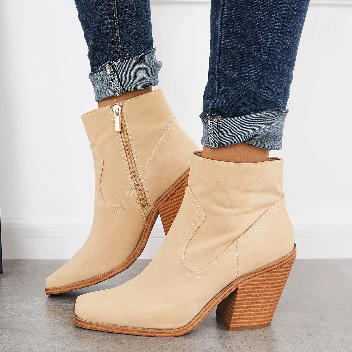 Square Toe Ankle Boots Chunky Stacked Heel Western Cowboy Booties sold by Tinstree product image thumbnail 4