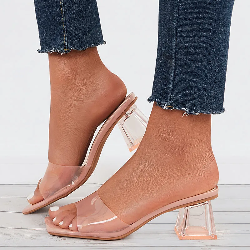 Clear Square Toe Block Heel Mules Backless Slide Sandals sold by Tinstree