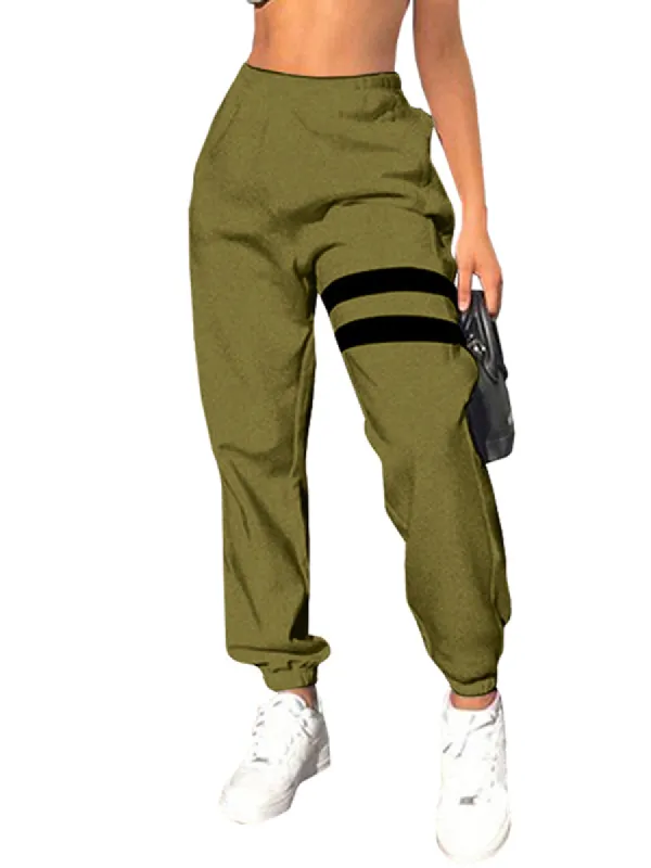 Women Striped Cinch Bottom Pockets High Waist Sporty Gym Fit Jogger Pants sold by Tinstree