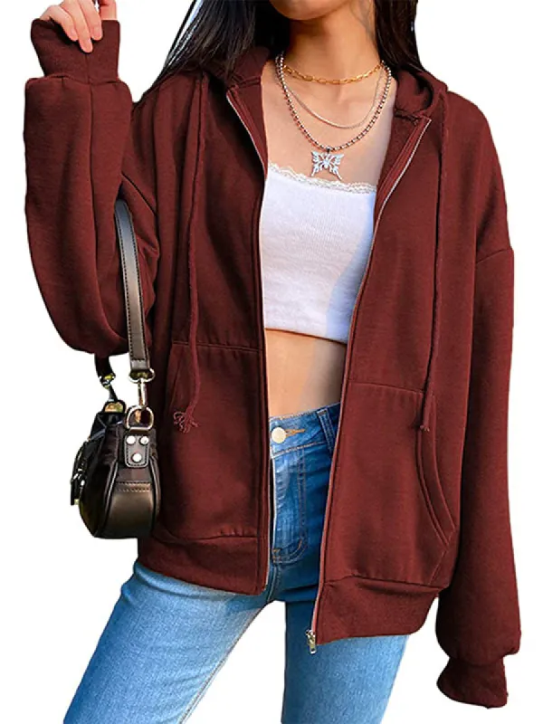 Women Full Zip Up Hoodie Comfy Solid Sweatshirt Long Sleeve Jacket sold by Tinstree