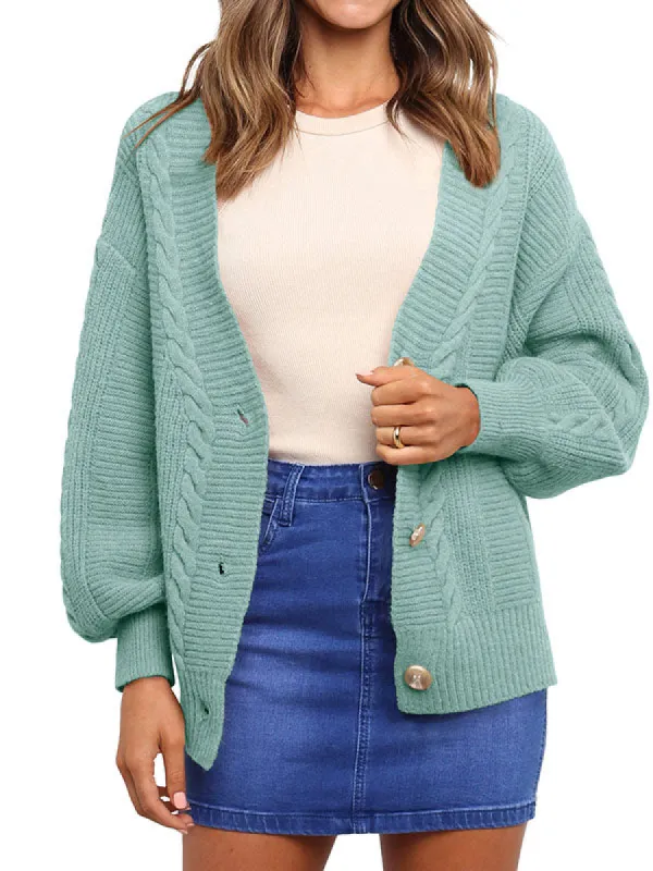 Women Lantern Sleeve Cardigan Sweater V Neck Button Down Knitwear Coat sold by Tinstree