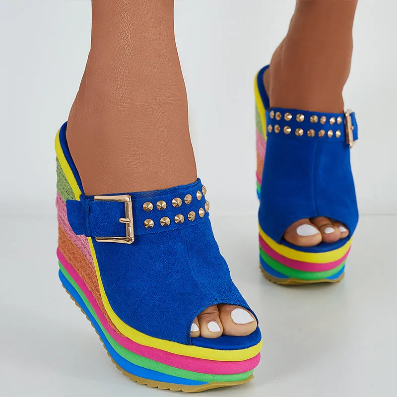 Rainbow Platform Wedge Slides Peep Toe Slip on Espadrille Heel Sandals sold by Tinstree product image thumbnail 4