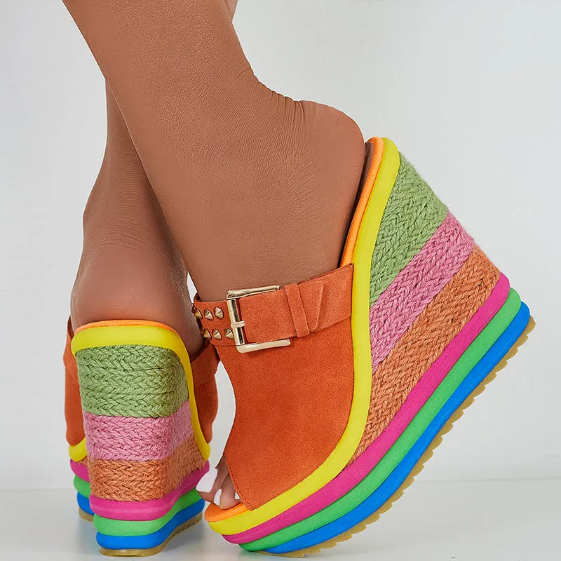 Rainbow Platform Wedge Slides Peep Toe Slip on Espadrille Heel Sandals sold by Tinstree product image thumbnail 5