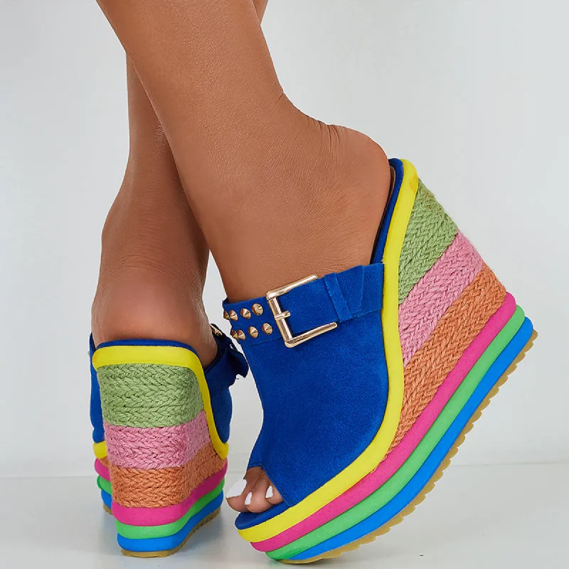 Rainbow Platform Wedge Slides Peep Toe Slip on Espadrille Heel Sandals sold by Tinstree