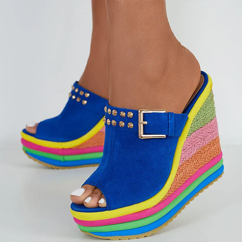Rainbow Platform Wedge Slides Peep Toe Slip on Espadrille Heel Sandals sold by Tinstree product image thumbnail 3