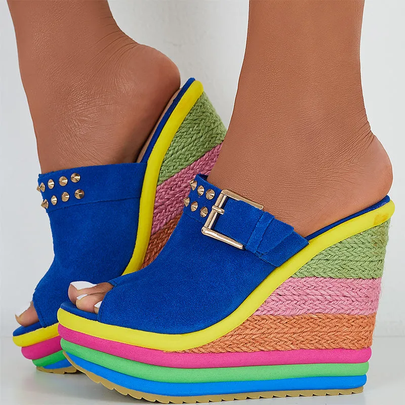 Rainbow Platform Wedge Slides Peep Toe Slip on Espadrille Heel Sandals sold by Tinstree product image thumbnail 2