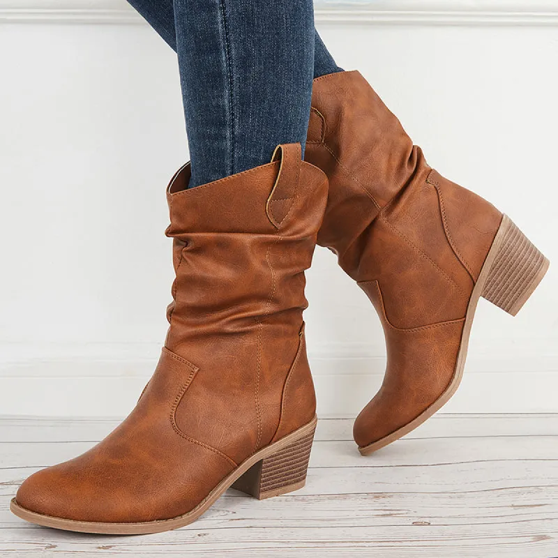 Retro Western Cowgirl Booties Pull on Chunky Heel Ankle Boots sold by Tinstree