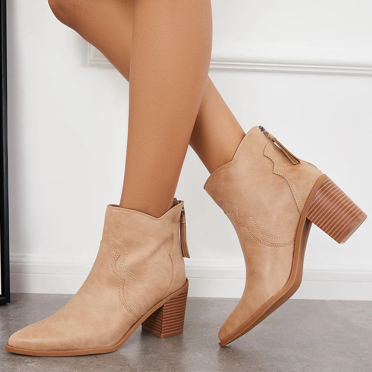 Pointed Toe Western Booties Back Zipper Chunky Heel Ankle Boots sold by Tinstree product image thumbnail 3